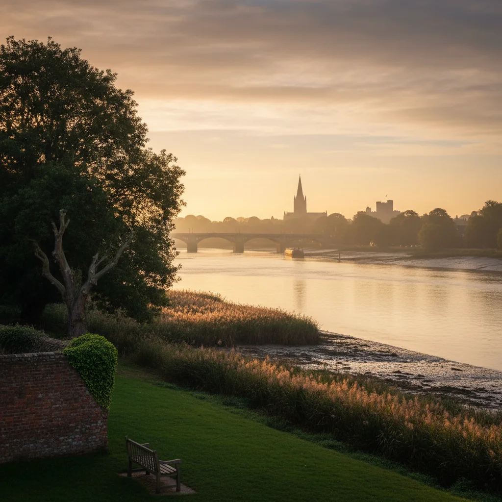 A late-afternoon view across the Medway estuary at Strood — red-brick terrace rooftops in the foreground, the river and Rochester's cathedral and castle in the soft distance, reedbeds catching golden hour light